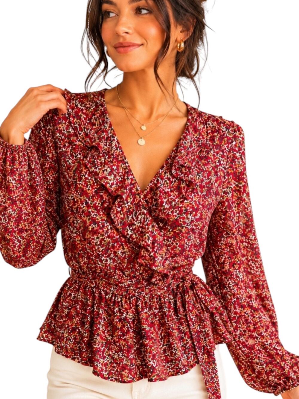 Max Studio Red Ditsy Print Ruffle V Neck Belted Blouse S
